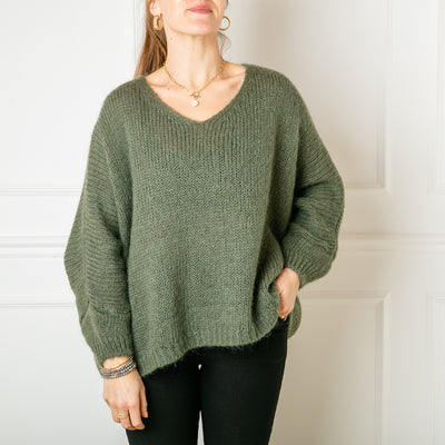 The khaki green Mohair V Neck Jumper with long sleeves and a v neckline